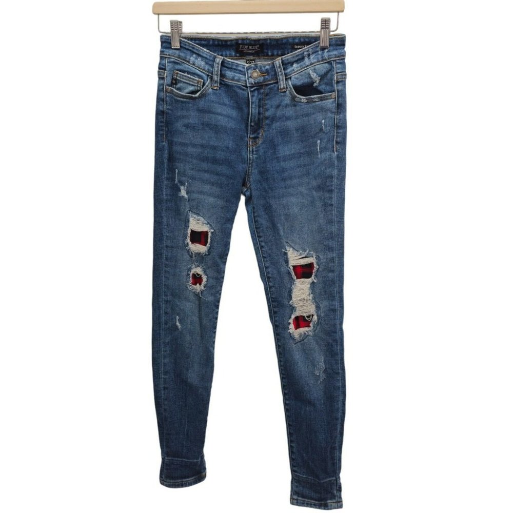 Judy Blue Buffalo Plaid Patch Cuffed Skinny Fit Jeans Distressed Blue Denim 5/27